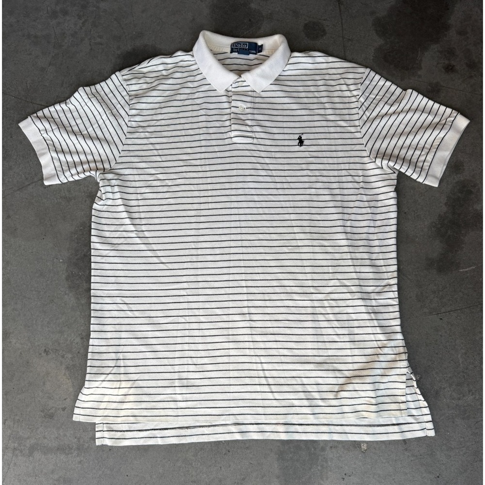 VTG Mens Sz XL Polo by Ralph Lauren Beige Brown Striped Short Sleeve Polo Shirt